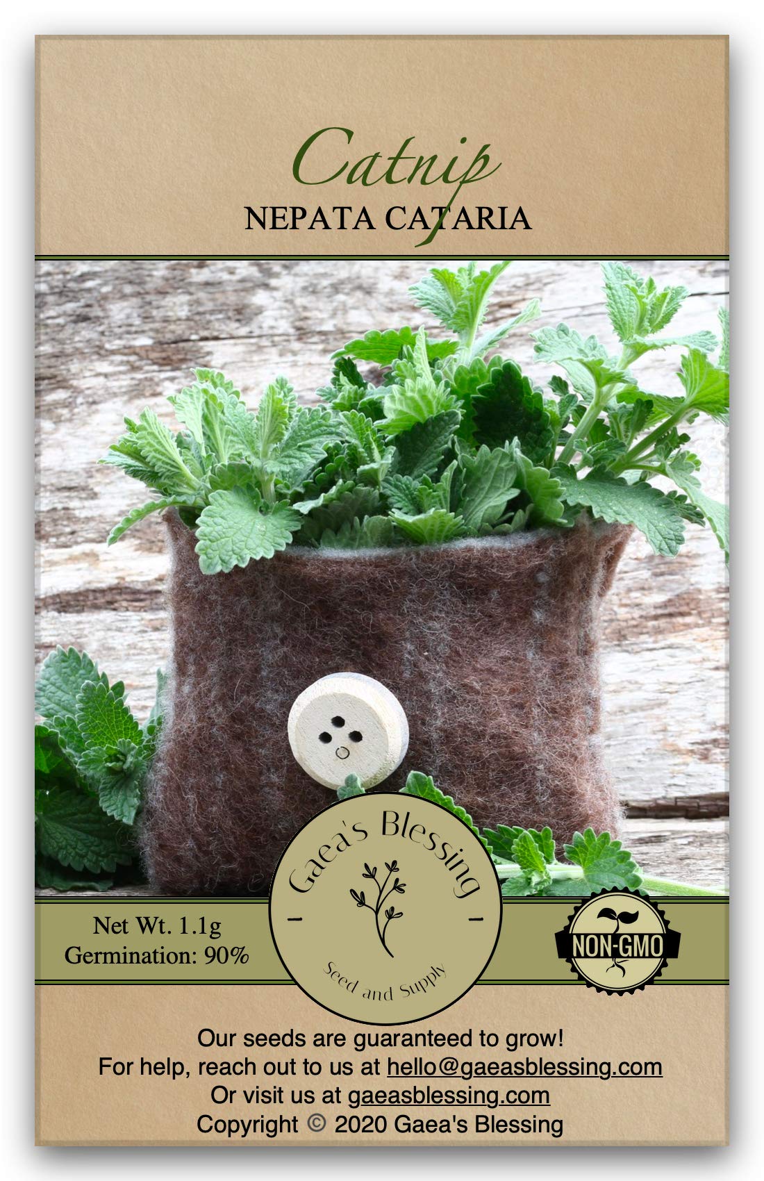 Gaea's Blessing Seeds - Catnip Seeds - Non-GMO Heirloom Seeds Nepata Cataria Open-Pollinated - with Easy to Follow Instructions - 90% Germination Rate Net Wt. 1.1g